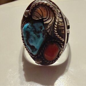 Vintage Effie Zuni Sterling Silver Turquoise Coral Native American Ring Artisa